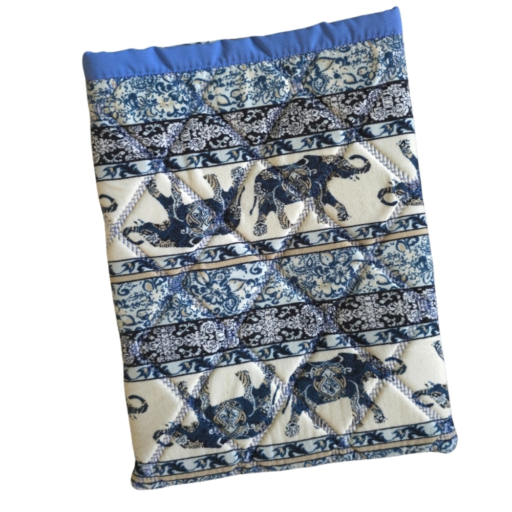 Blue and White Elephant Print Quilted Book Protector